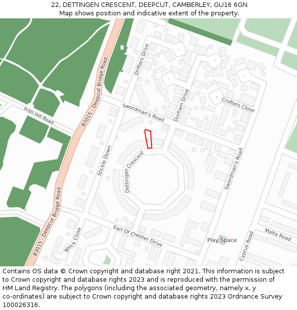 22, DETTINGEN CRESCENT, DEEPCUT, CAMBERLEY, GU16 6GN: Location map and indicative extent of plot