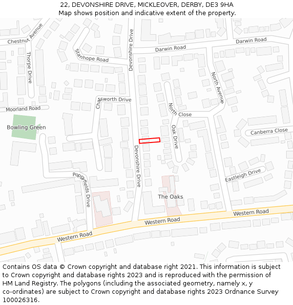 22, DEVONSHIRE DRIVE, MICKLEOVER, DERBY, DE3 9HA: Location map and indicative extent of plot