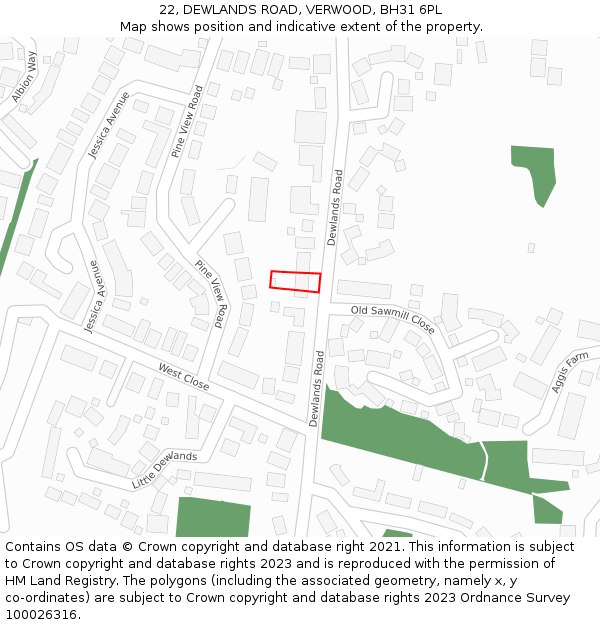 22, DEWLANDS ROAD, VERWOOD, BH31 6PL: Location map and indicative extent of plot