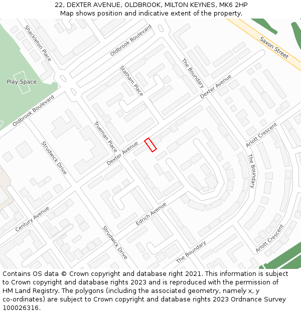 22, DEXTER AVENUE, OLDBROOK, MILTON KEYNES, MK6 2HP: Location map and indicative extent of plot