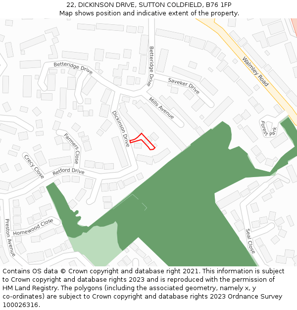 22, DICKINSON DRIVE, SUTTON COLDFIELD, B76 1FP: Location map and indicative extent of plot