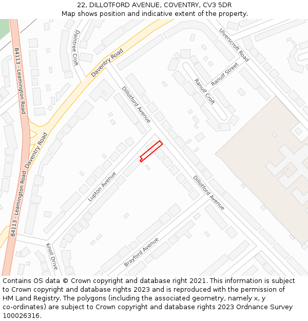 22, DILLOTFORD AVENUE, COVENTRY, CV3 5DR: Location map and indicative extent of plot