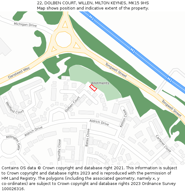 22, DOLBEN COURT, WILLEN, MILTON KEYNES, MK15 9HS: Location map and indicative extent of plot