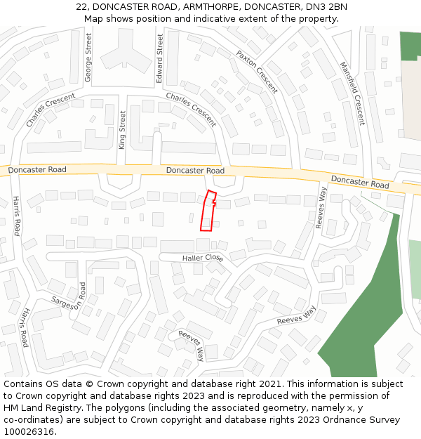 22, DONCASTER ROAD, ARMTHORPE, DONCASTER, DN3 2BN: Location map and indicative extent of plot