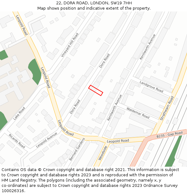 22, DORA ROAD, LONDON, SW19 7HH: Location map and indicative extent of plot