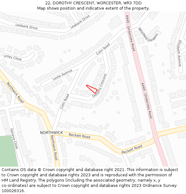 22, DOROTHY CRESCENT, WORCESTER, WR3 7DD: Location map and indicative extent of plot