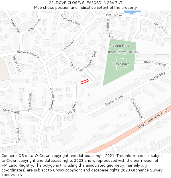 22, DOVE CLOSE, SLEAFORD, NG34 7UT: Location map and indicative extent of plot