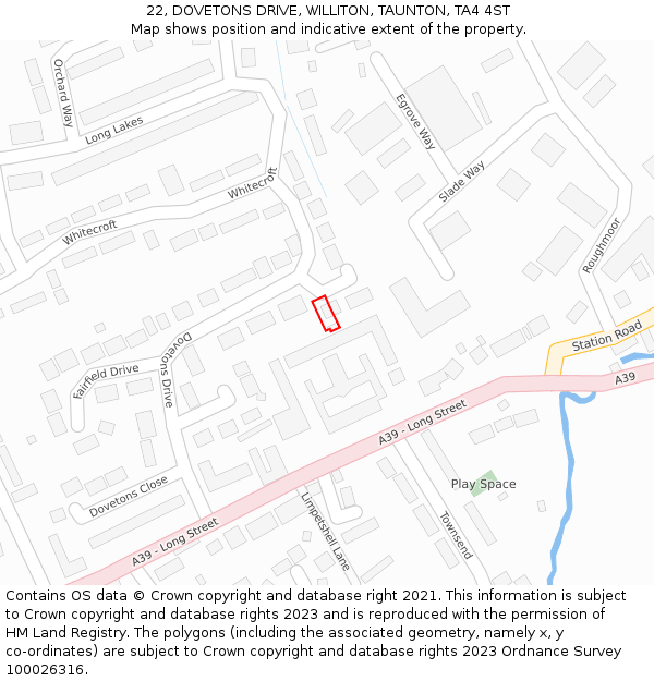 22, DOVETONS DRIVE, WILLITON, TAUNTON, TA4 4ST: Location map and indicative extent of plot