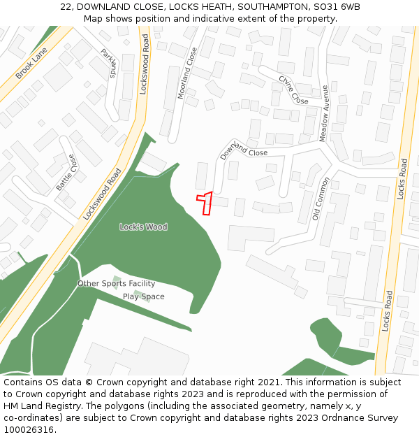 22, DOWNLAND CLOSE, LOCKS HEATH, SOUTHAMPTON, SO31 6WB: Location map and indicative extent of plot