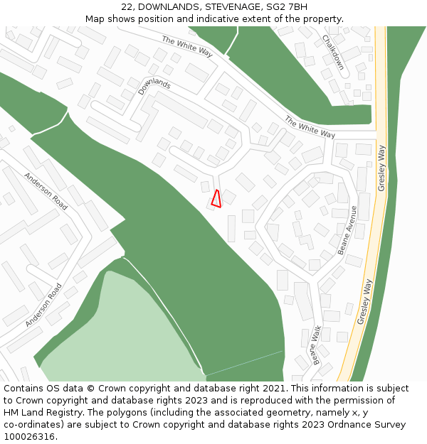 22, DOWNLANDS, STEVENAGE, SG2 7BH: Location map and indicative extent of plot