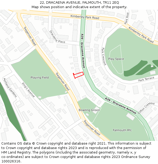 22, DRACAENA AVENUE, FALMOUTH, TR11 2EQ: Location map and indicative extent of plot