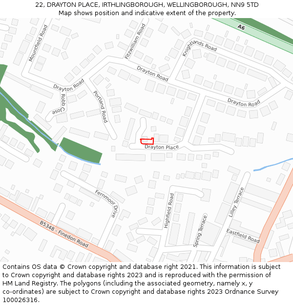 22, DRAYTON PLACE, IRTHLINGBOROUGH, WELLINGBOROUGH, NN9 5TD: Location map and indicative extent of plot