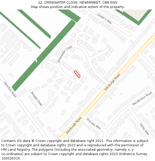 22, DRINKWATER CLOSE, NEWMARKET, CB8 0QN: Location map and indicative extent of plot