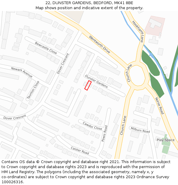 22, DUNSTER GARDENS, BEDFORD, MK41 8BE: Location map and indicative extent of plot