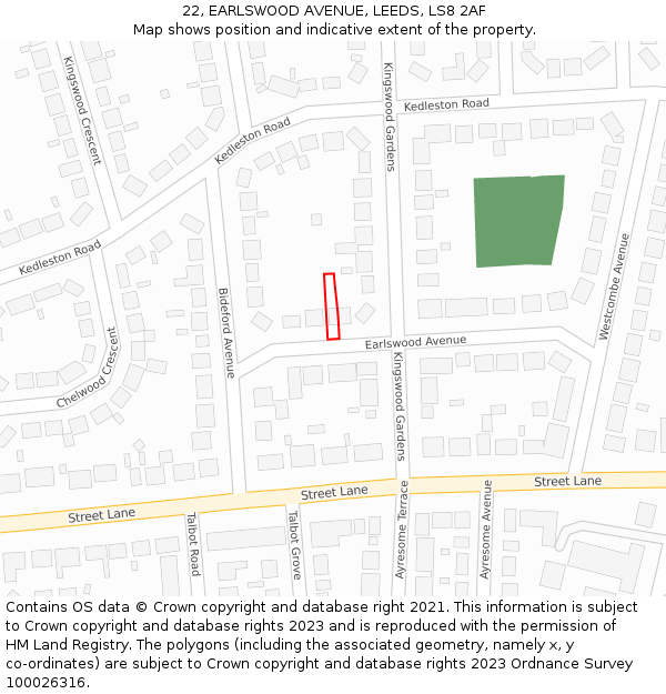 22, EARLSWOOD AVENUE, LEEDS, LS8 2AF: Location map and indicative extent of plot