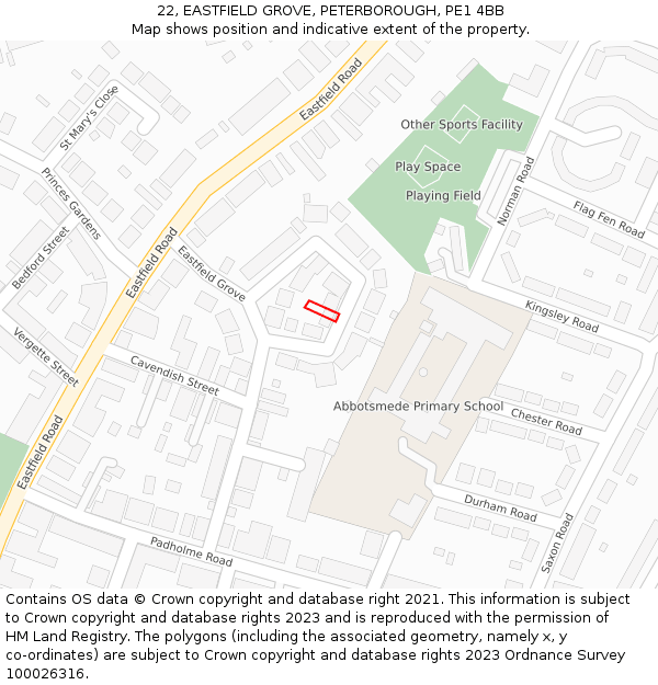22, EASTFIELD GROVE, PETERBOROUGH, PE1 4BB: Location map and indicative extent of plot