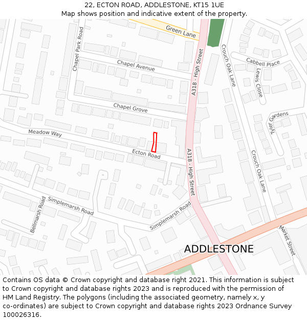 22, ECTON ROAD, ADDLESTONE, KT15 1UE: Location map and indicative extent of plot