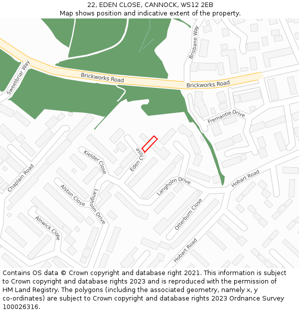 22, EDEN CLOSE, CANNOCK, WS12 2EB: Location map and indicative extent of plot