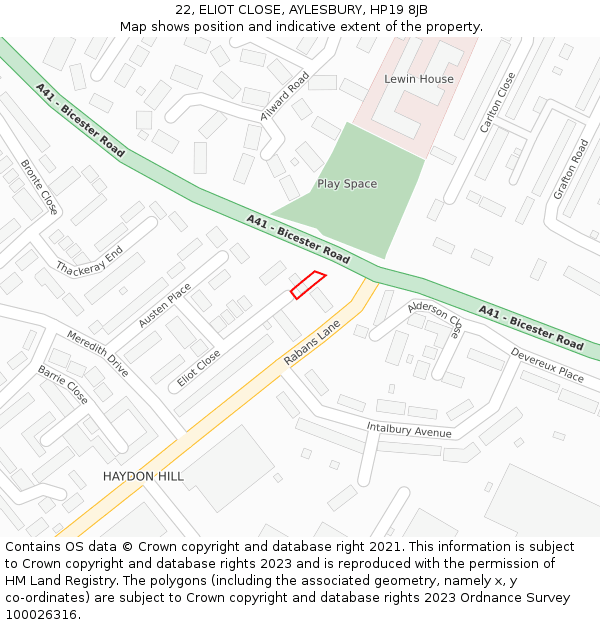 22, ELIOT CLOSE, AYLESBURY, HP19 8JB: Location map and indicative extent of plot
