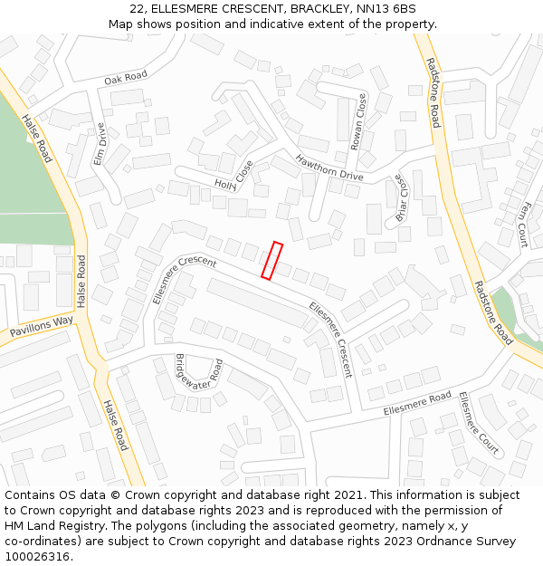 22, ELLESMERE CRESCENT, BRACKLEY, NN13 6BS: Location map and indicative extent of plot