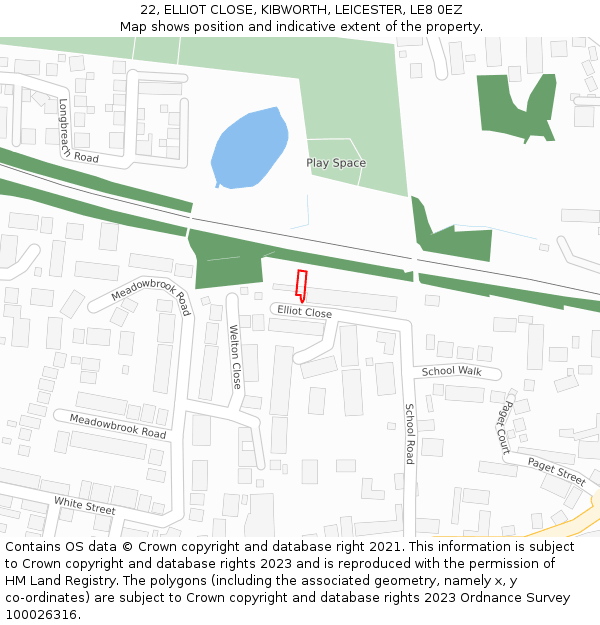 22, ELLIOT CLOSE, KIBWORTH, LEICESTER, LE8 0EZ: Location map and indicative extent of plot