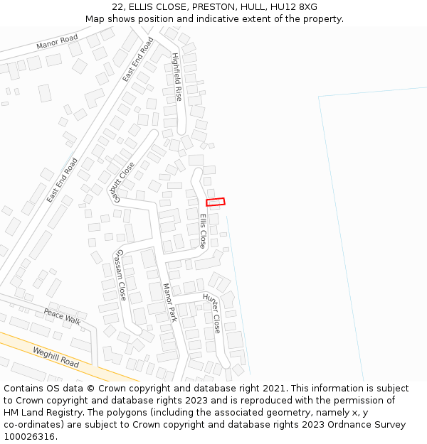 22, ELLIS CLOSE, PRESTON, HULL, HU12 8XG: Location map and indicative extent of plot