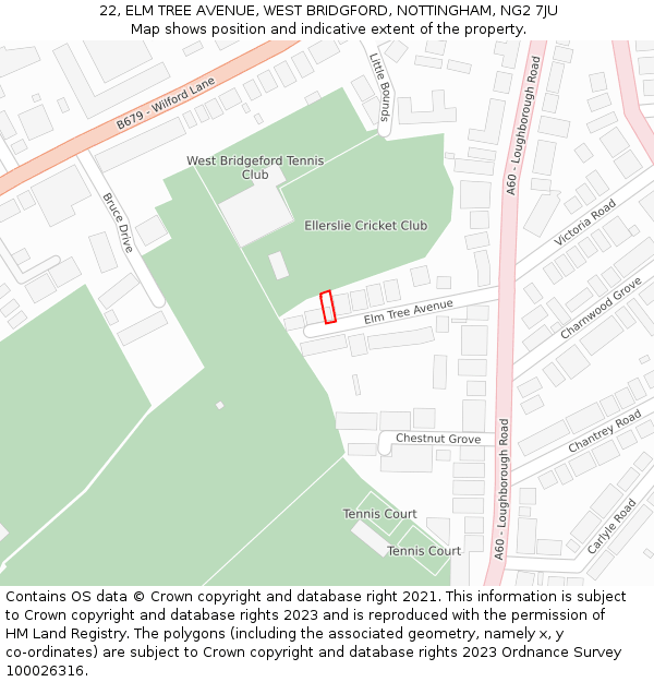 22, ELM TREE AVENUE, WEST BRIDGFORD, NOTTINGHAM, NG2 7JU: Location map and indicative extent of plot