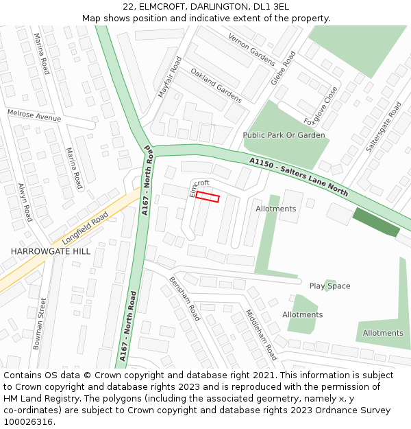 22, ELMCROFT, DARLINGTON, DL1 3EL: Location map and indicative extent of plot