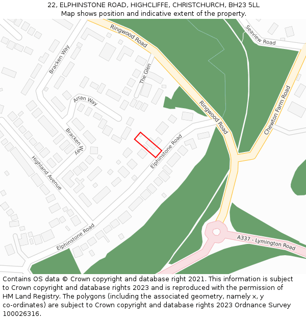 22, ELPHINSTONE ROAD, HIGHCLIFFE, CHRISTCHURCH, BH23 5LL: Location map and indicative extent of plot