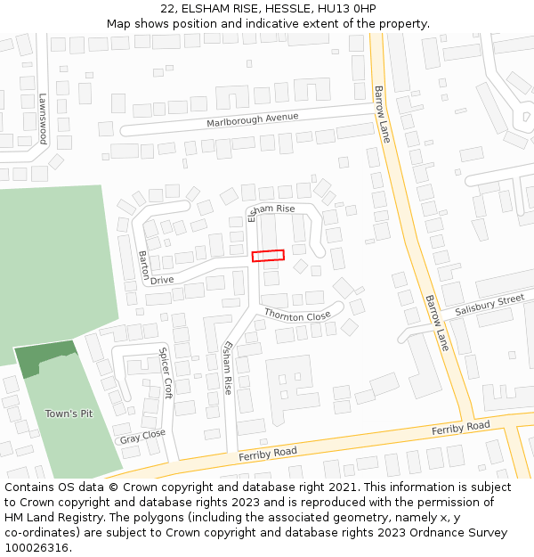 22, ELSHAM RISE, HESSLE, HU13 0HP: Location map and indicative extent of plot