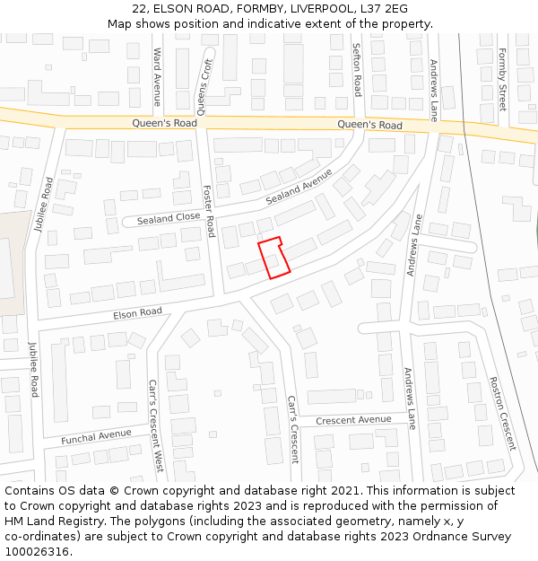 22, ELSON ROAD, FORMBY, LIVERPOOL, L37 2EG: Location map and indicative extent of plot