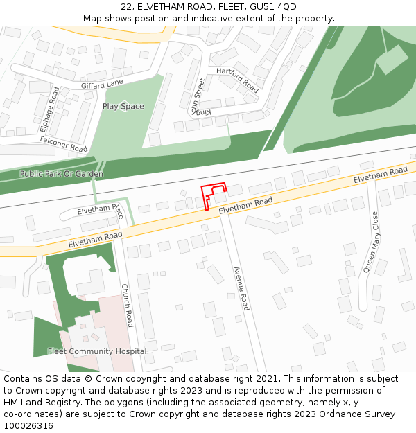 22, ELVETHAM ROAD, FLEET, GU51 4QD: Location map and indicative extent of plot