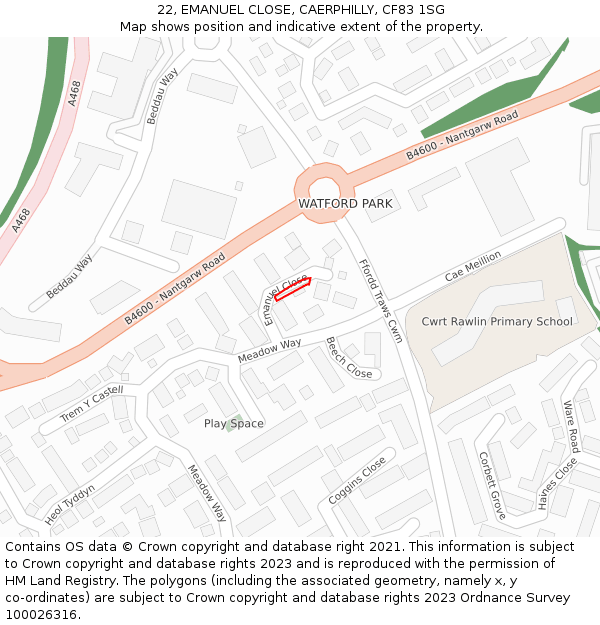 22, EMANUEL CLOSE, CAERPHILLY, CF83 1SG: Location map and indicative extent of plot