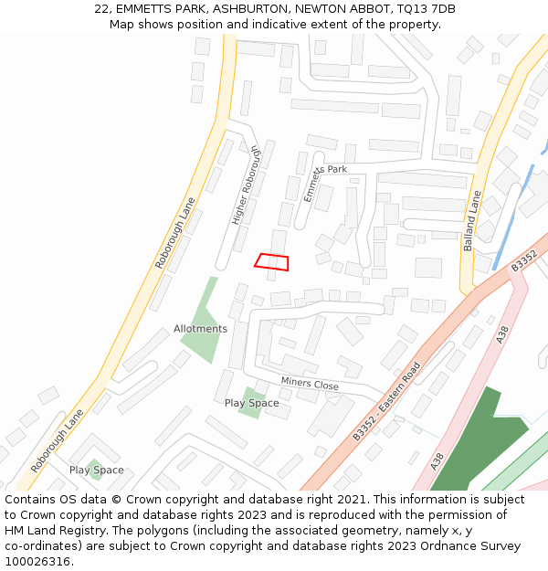 22, EMMETTS PARK, ASHBURTON, NEWTON ABBOT, TQ13 7DB: Location map and indicative extent of plot