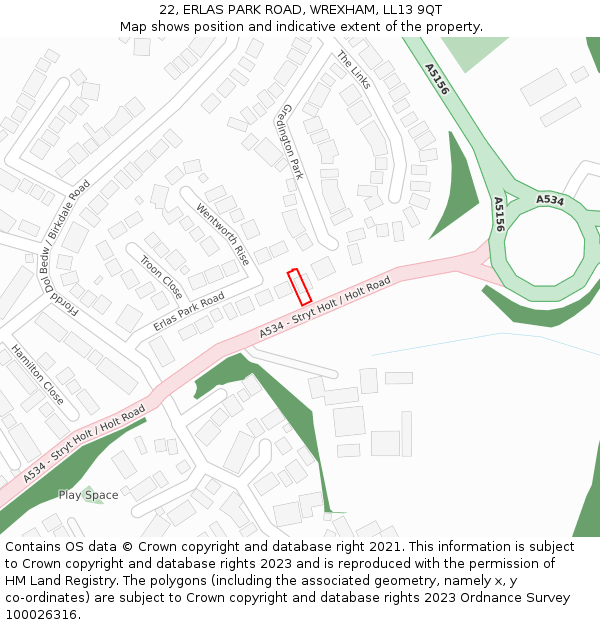 22, ERLAS PARK ROAD, WREXHAM, LL13 9QT: Location map and indicative extent of plot