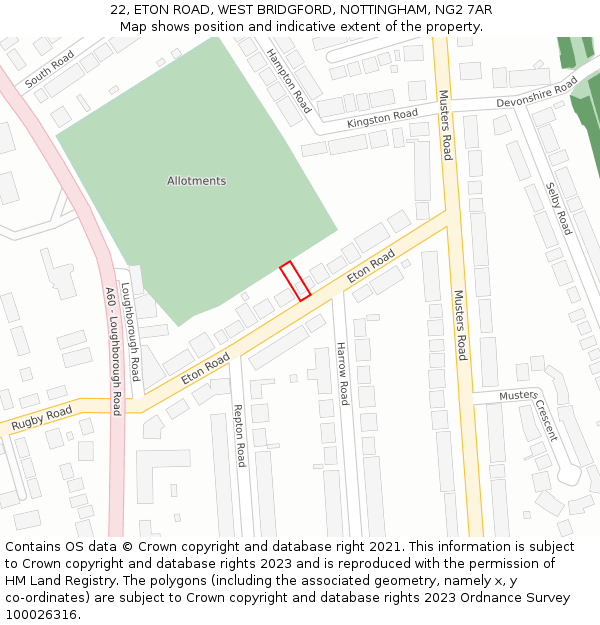 22, ETON ROAD, WEST BRIDGFORD, NOTTINGHAM, NG2 7AR: Location map and indicative extent of plot