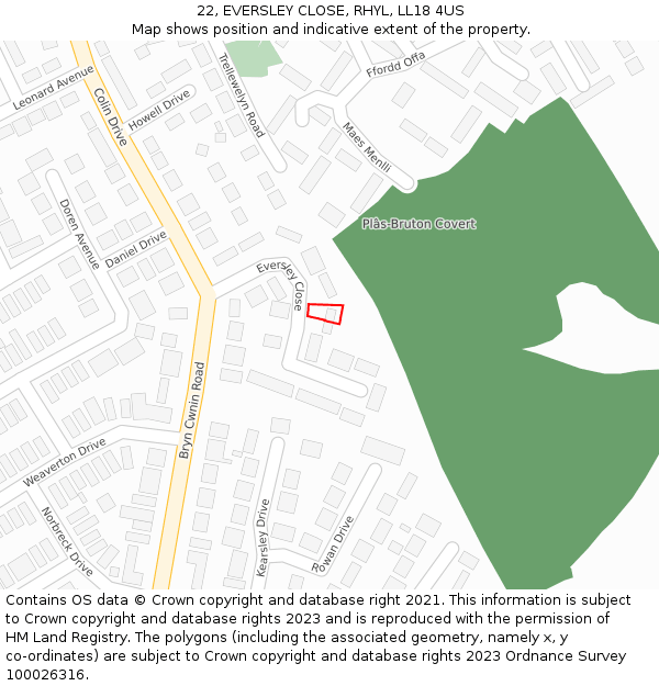 22, EVERSLEY CLOSE, RHYL, LL18 4US: Location map and indicative extent of plot