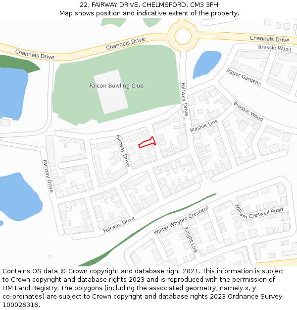 22, FAIRWAY DRIVE, CHELMSFORD, CM3 3FH: Location map and indicative extent of plot