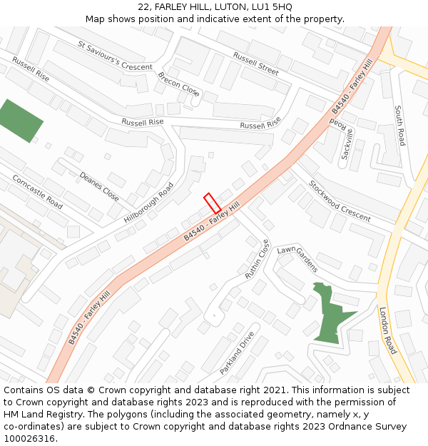 22, FARLEY HILL, LUTON, LU1 5HQ: Location map and indicative extent of plot