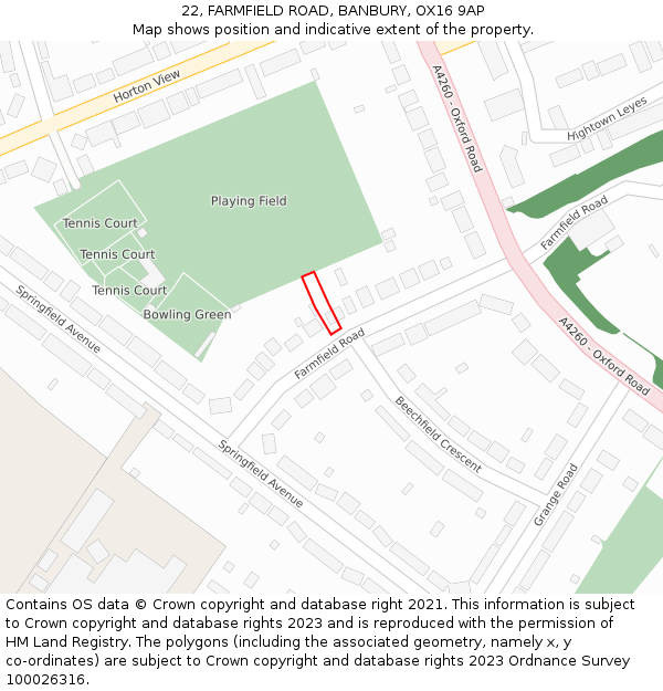 22, FARMFIELD ROAD, BANBURY, OX16 9AP: Location map and indicative extent of plot