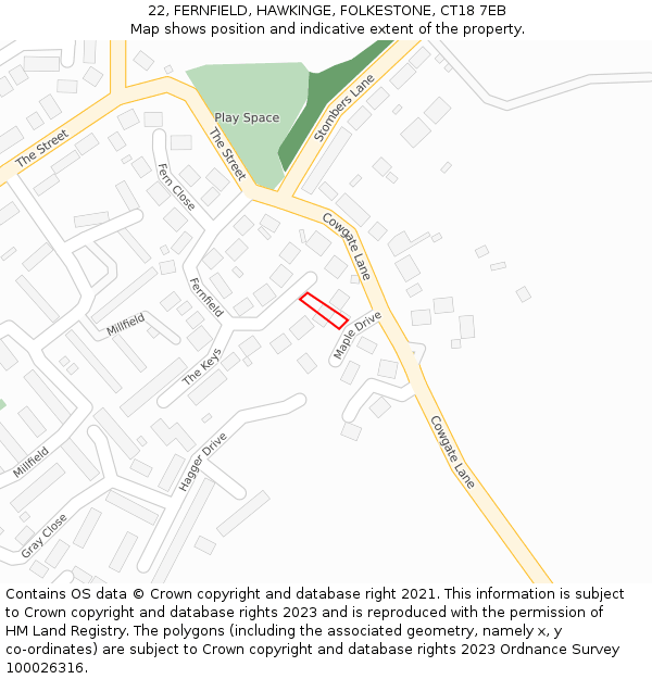 22, FERNFIELD, HAWKINGE, FOLKESTONE, CT18 7EB: Location map and indicative extent of plot