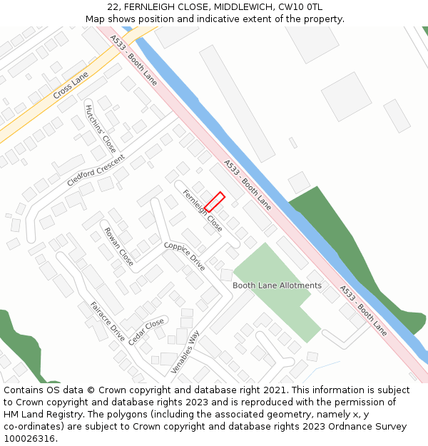 22, FERNLEIGH CLOSE, MIDDLEWICH, CW10 0TL: Location map and indicative extent of plot