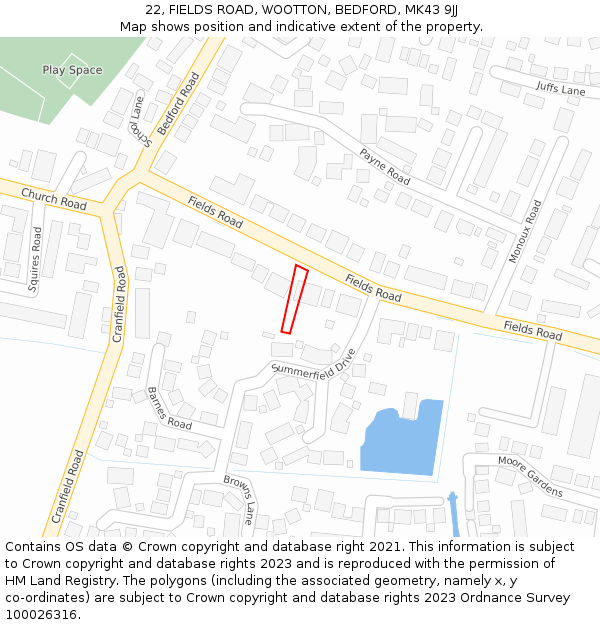 22, FIELDS ROAD, WOOTTON, BEDFORD, MK43 9JJ: Location map and indicative extent of plot