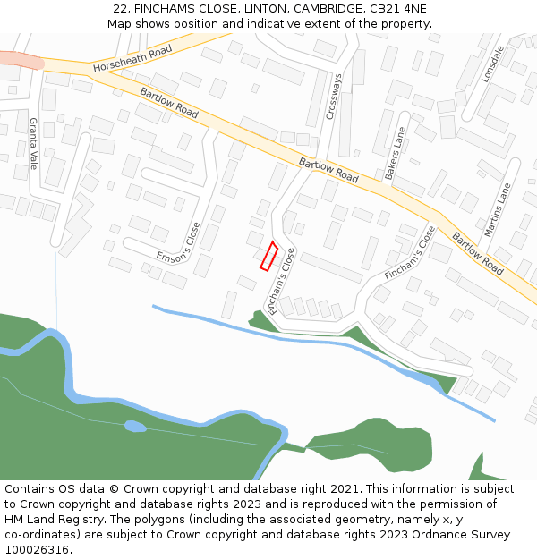 22, FINCHAMS CLOSE, LINTON, CAMBRIDGE, CB21 4NE: Location map and indicative extent of plot