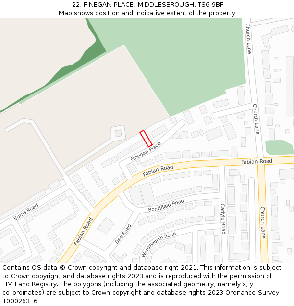22, FINEGAN PLACE, MIDDLESBROUGH, TS6 9BF: Location map and indicative extent of plot