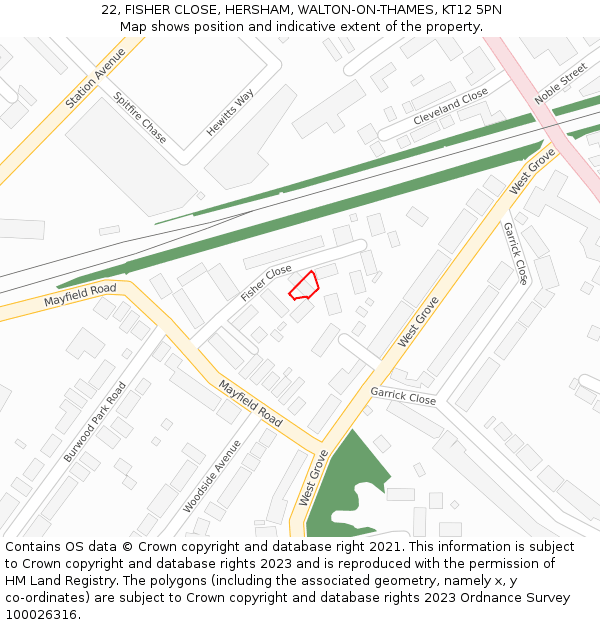 22, FISHER CLOSE, HERSHAM, WALTON-ON-THAMES, KT12 5PN: Location map and indicative extent of plot