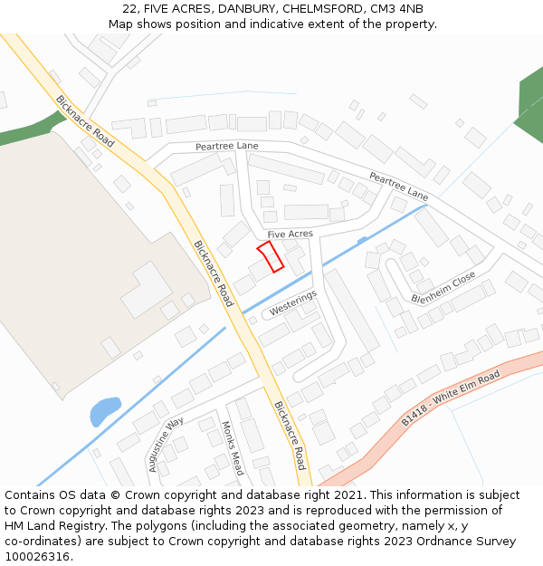 22, FIVE ACRES, DANBURY, CHELMSFORD, CM3 4NB: Location map and indicative extent of plot
