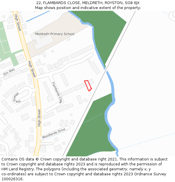 22, FLAMBARDS CLOSE, MELDRETH, ROYSTON, SG8 6JX: Location map and indicative extent of plot