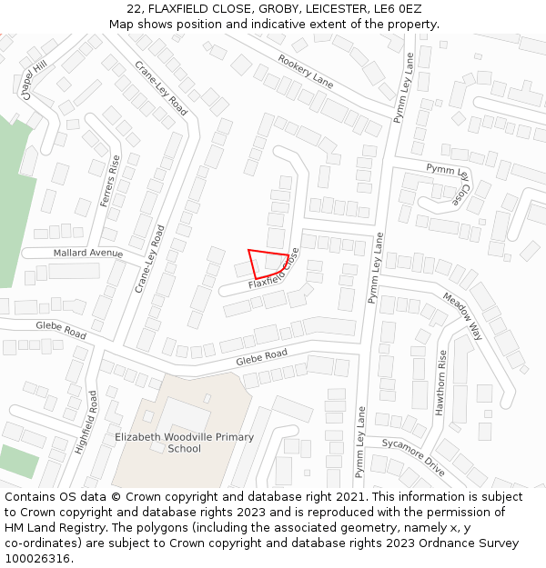 22, FLAXFIELD CLOSE, GROBY, LEICESTER, LE6 0EZ: Location map and indicative extent of plot