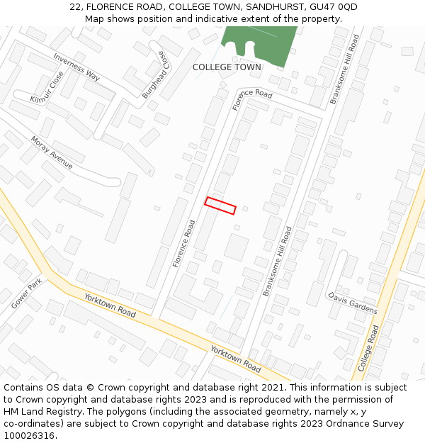 22, FLORENCE ROAD, COLLEGE TOWN, SANDHURST, GU47 0QD: Location map and indicative extent of plot